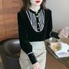 Women Spring Black Velvet Ruffle Trim High Neck Long Sleeve Blouse