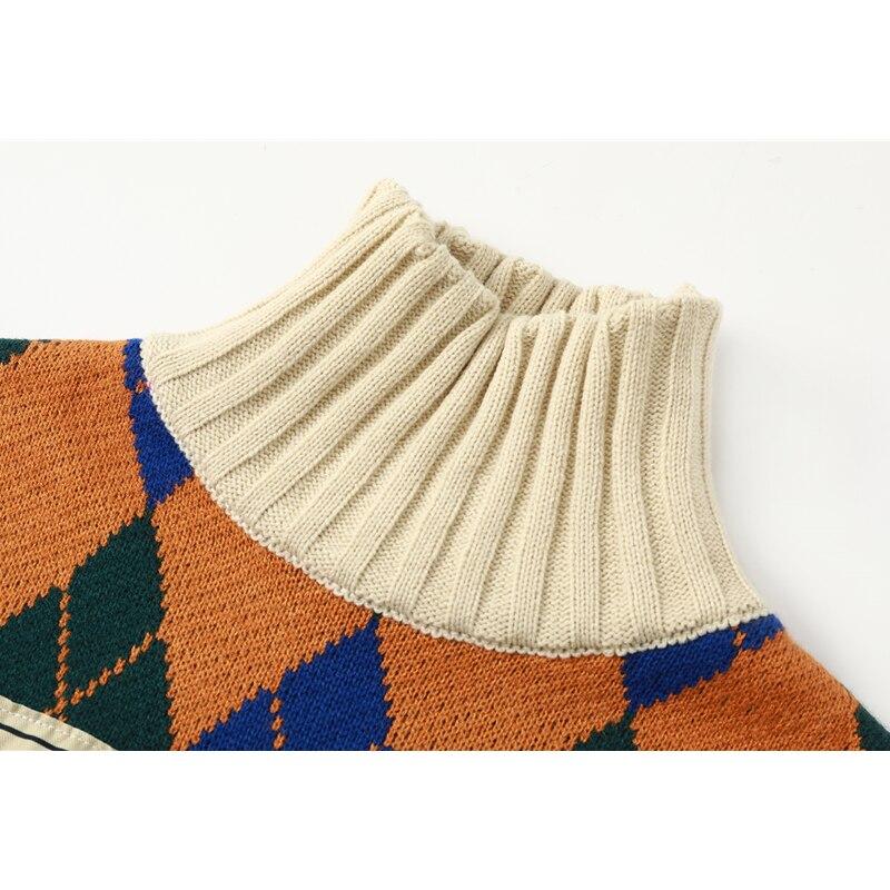 Vintage Plaid Women Sweater Autumn Cartoon Pattern Fashion Long Sleeves  Knitted High Collar Baggy Female Tops Pullover Sweater