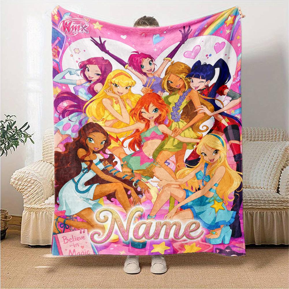 Custom Name Winx Club Theme Printed Blanket Perfect For Couch Bed Travel Outdoor Use Machine Washable Cozy Durable