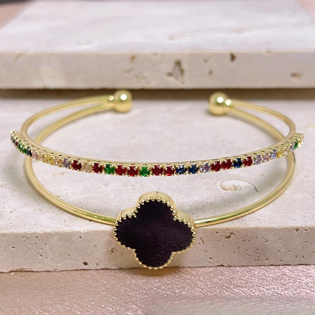 Brățară Premium Trifoi cu Patru Foi Zirconiu Strat Dublu Brățară cu Deschidere Ajustabilă Lux Non-Alergenic Brățară de Damă