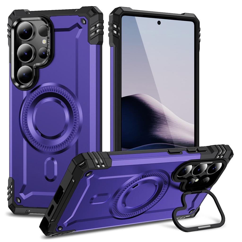 For Samsung Galaxy S25 Ultra Magnetic Case Lens Kickstand PC+TPU Shockproof Phone Cover