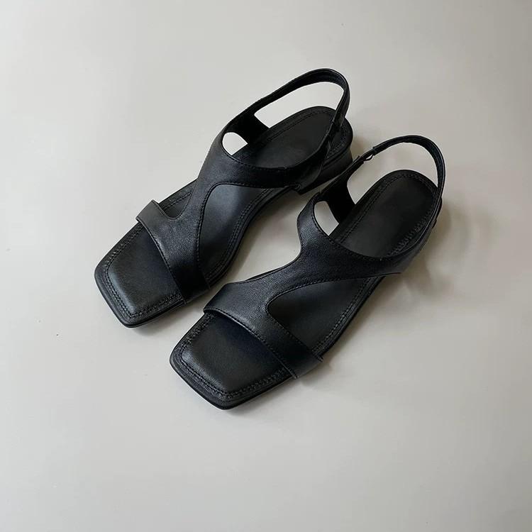 

Cowhide version~ retro niche Z-band square head open-toed sandals women s 2025 summer thick heel commuting versatile Roman shoes 40 чёрный