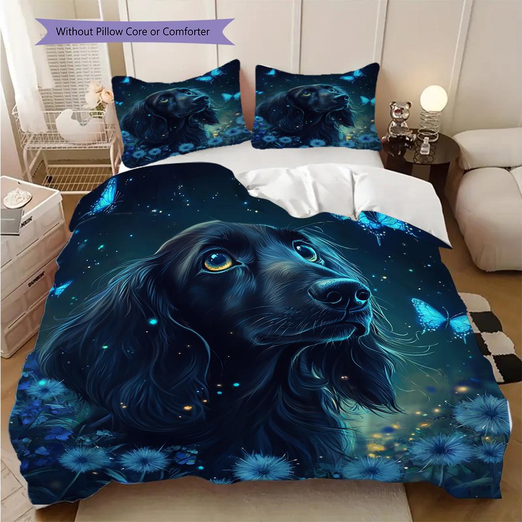 Schwarzes Hundemuster Bettwäsche Steppdecke Set Bettbezug Kissenbezug Heimdekoration Geburtstagsgeschenk (1 Bettbezug + 2 Kissenbezüge, ohne Füllung)