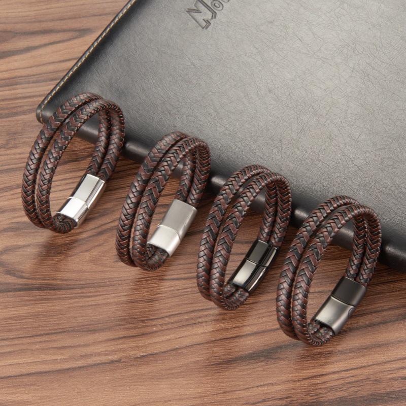 Men's Retro Woven Leather Bracelet with Stainless Steel Magnetic Clasp