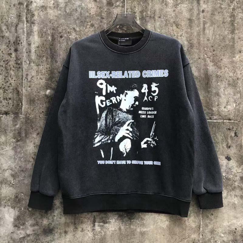Mens Vintage Washed Distressed Cotton Hoodie Loose Fit Round Neck Streetwear Sweatshirt