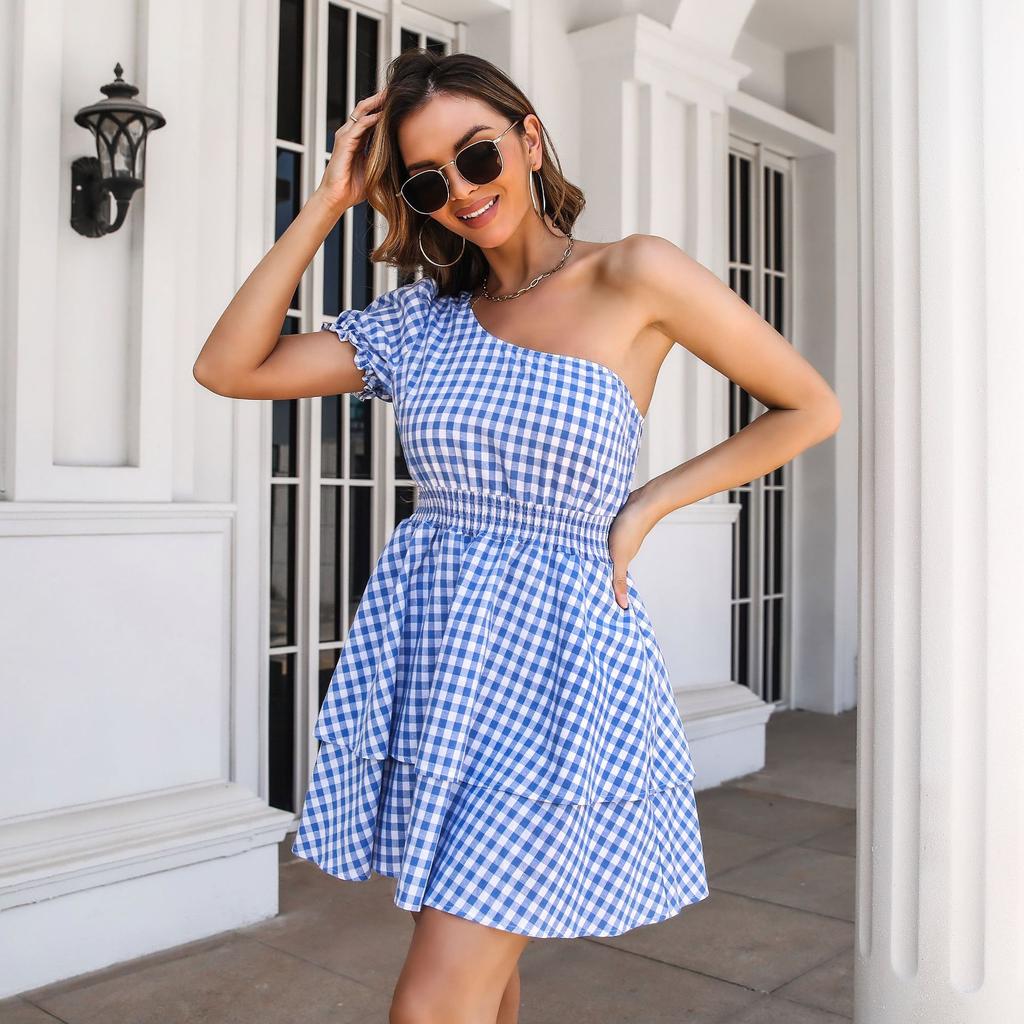 GMXIA Women's Fashion Summer Spring Plaid Print  High Waist Casual Dresses