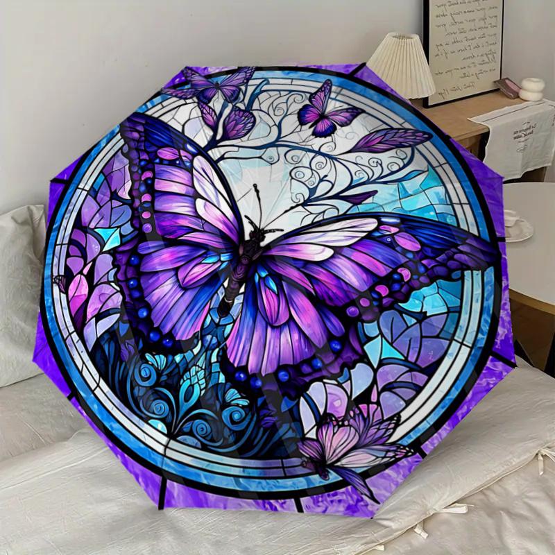 Stained Butterfly Design Automatic Opening Folding Umbrella with 8-Bone Iron Frame, Suitable for Fans, Travel, Daily Use, and Gift Giving112