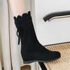 Fashion Women Winter New Versatile Boots Mid Calf Low Heeled Zip Boots Chunky Heel Bow Boots Sweet Girls Botas Mujer Black Apricot
