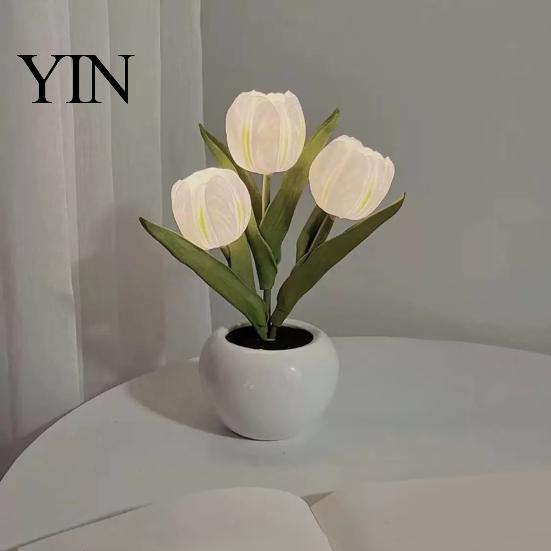 Decorative LED Tulip Lamp Flower Table Lamp, Battery Powered Artificial Night Light with Ceramic Pot, Floral for Bedroom Bedside Home Wedding