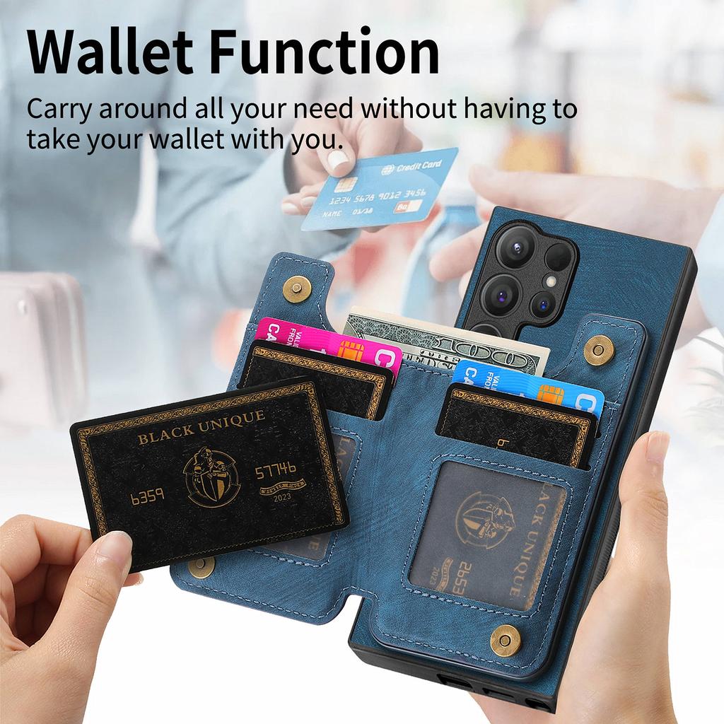 D15 For Samsung Galaxy S24 Ultra Case Card Slot Leather+TPU Zipper Kickstand Retro Phone Cover