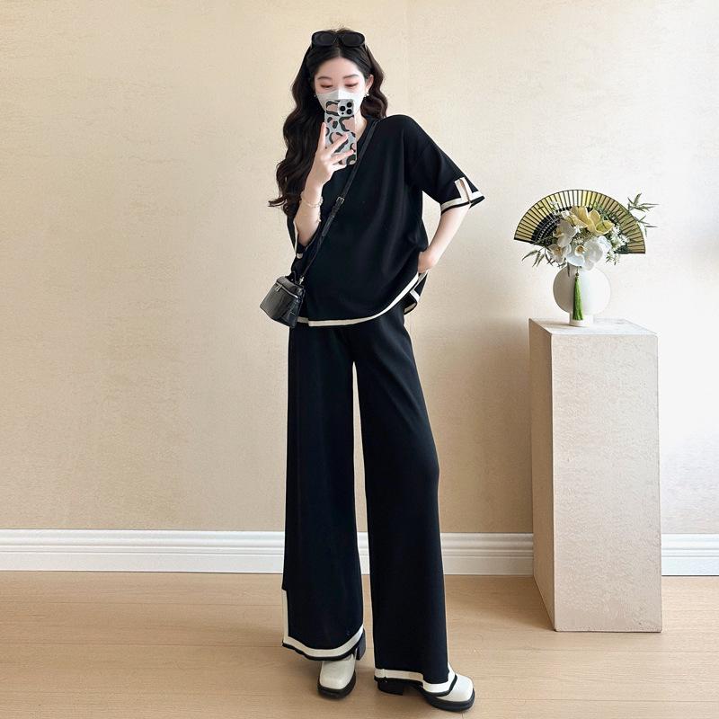 Summer Maternity Outfit: Short-Sleeved Top & Wide-Leg Pants - Chic Two-Piece Set L