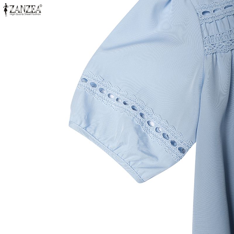 ZANZEA Women Casual Round Neck Short Sleeve Lace Patchwork Dress