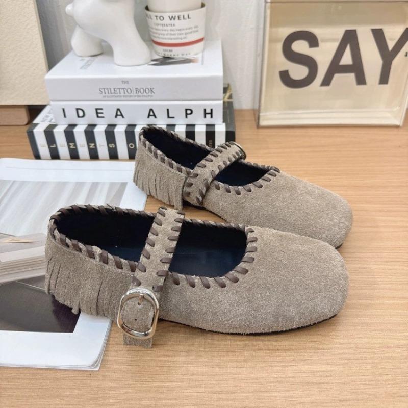 

Autumn new matte women s casual retro Mary Jane single shoes flat-bottomed fringed beanie shoes 35