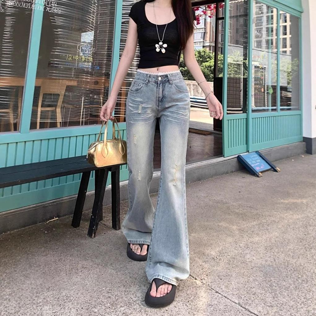 Fashionable Comfortable Versatile Young Ins Retro Jeans Women Lace Lace Low Waist Slimming Thin Micro Flare Trousers Jeans for Women Long Denim Pants