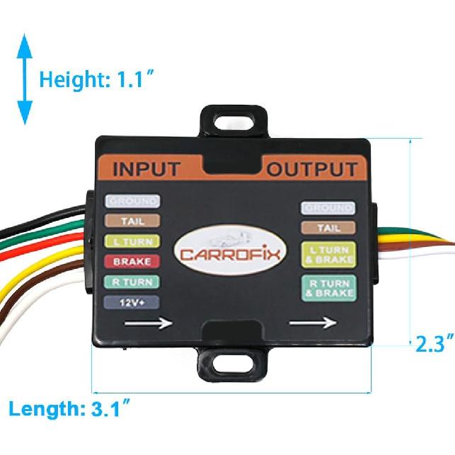 Powered 3-to-2-Wire Trailer Tail Light Converter with 1.5ft Leads and 4.8ft 4-Way Wiring Harness Connector - LED Compatible