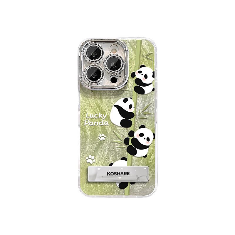 The Cute Green Bamboo Panda Is Suitable for Apple 16promax Phone Case 15, Tulle Lens Film 14, Stand 13 and Protective Case