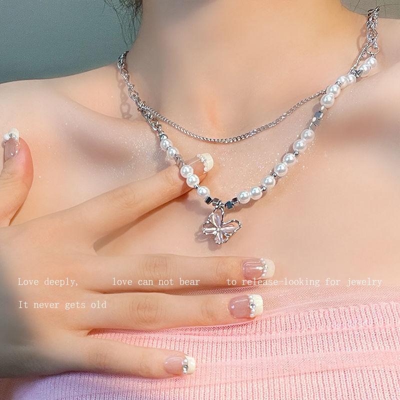 Opal Hollow Butterfly Double Layer Pearl Necklace Women's Niche Premium Sense Versatile Clavicle Chain Sweet Cool Spice Girl Accessories
