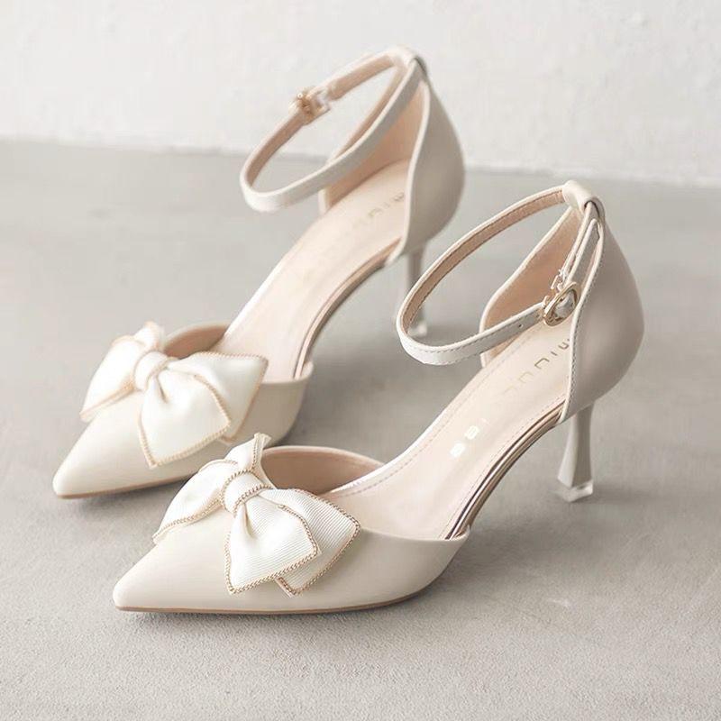 Celebrity Temperament High Heels Stiletto Sweet Bow Bag Head Sandals Women's 2025 New Pointed Bridesmaid Shoes Summer