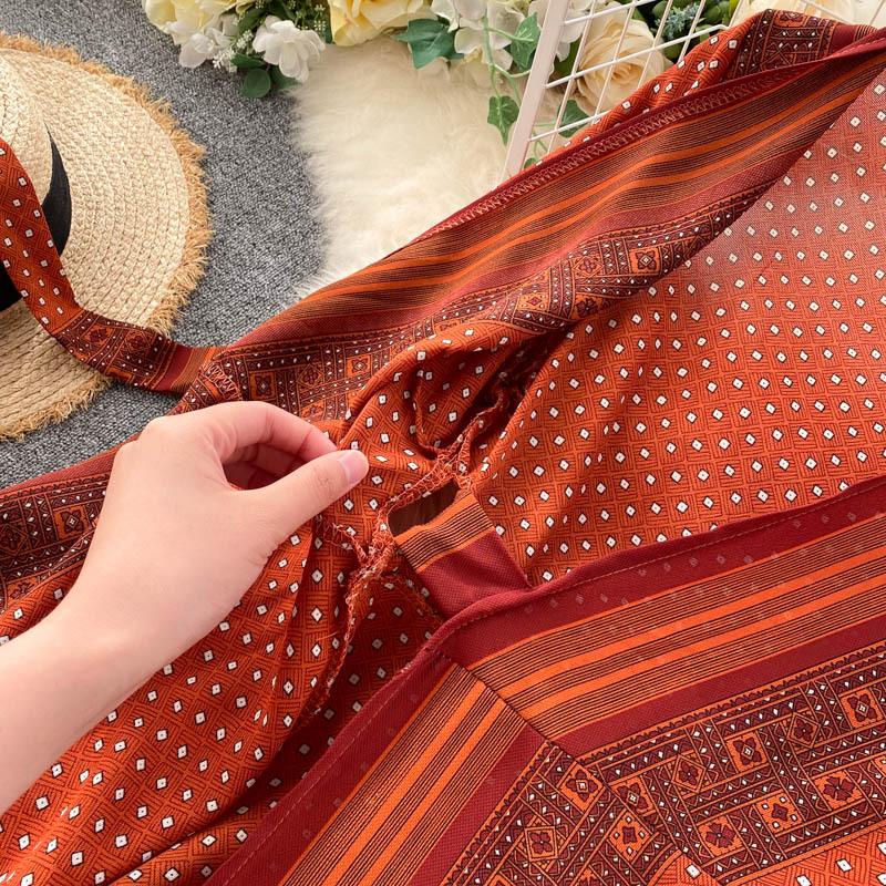 Damen Chiffon Maxikleid Bedruckt Schnürbund Langärmlig Schärpen Taille Vintage Swing Langes A-Linien-Ferienkleid