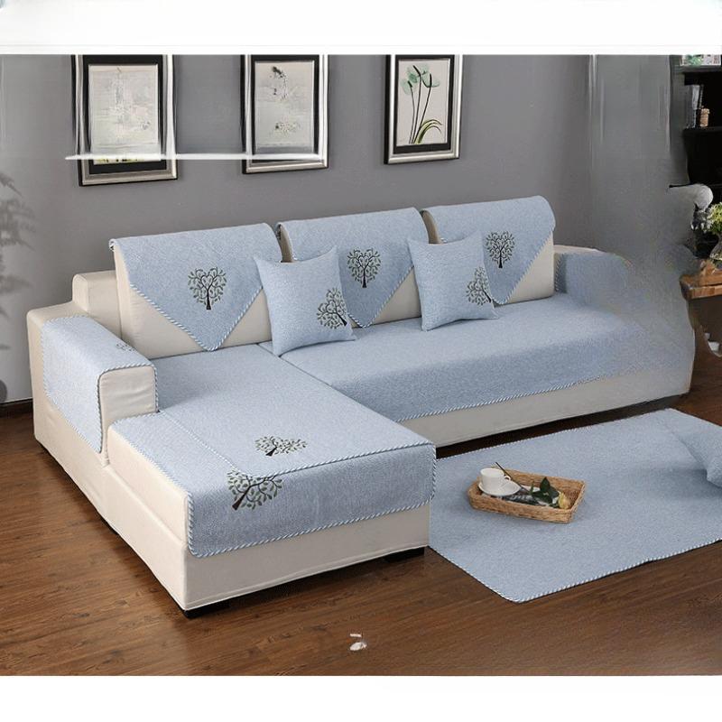Four Seasons Non-Slip Embroidered Sofa Cushion Cotton Fabric Living Room Universal Linen Thickened Modern Simple Solid Color Sofa Towel
