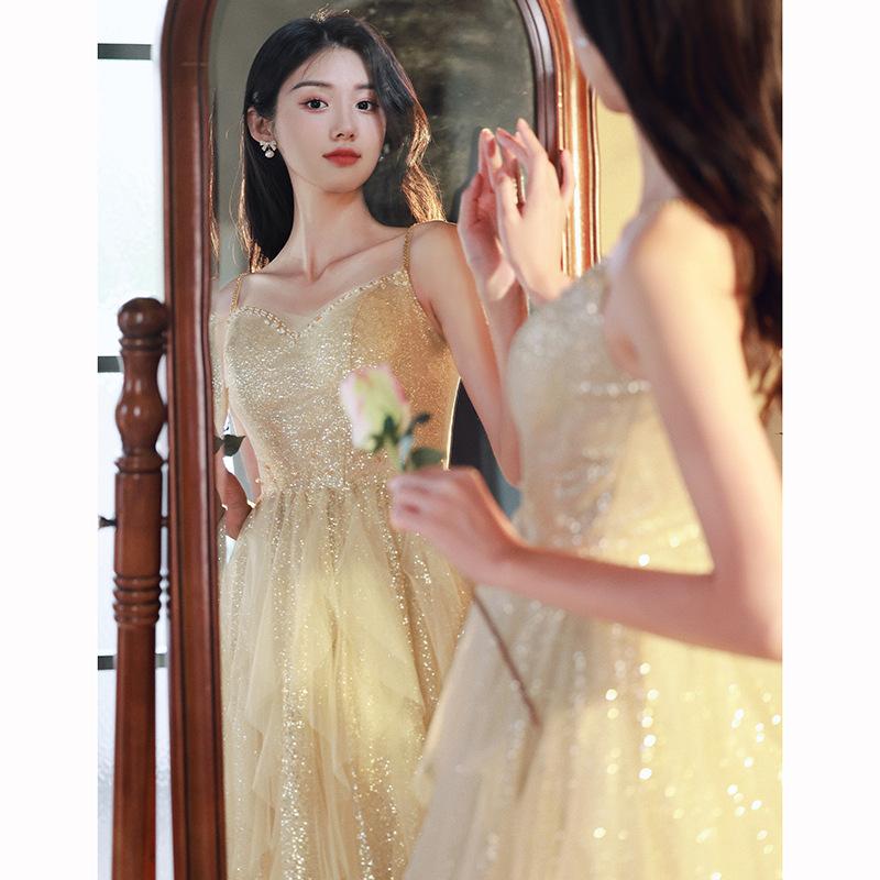 Suspender evening dress women's 1011 new banquet temperament host student art exam puffy cake skirt golden dress