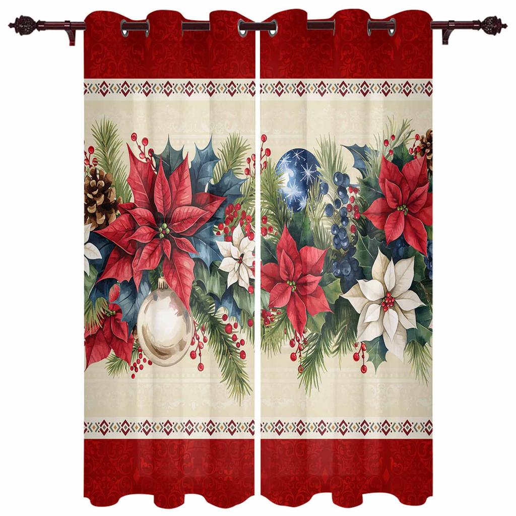 Christmas Ball Poinsettia Print Curtains for Bedroom Living Room Drapes Kitchen Study Room Window Curtain Home Decoration