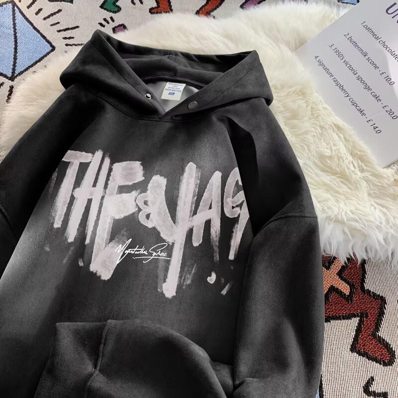 Unisex Heavyweight Fleece Hoodie With Letter Print Soft Suede-like Fabric Oversized Fit Winter Streetwear