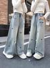Girls' Spring 2025 Embroidered Butterfly Wide Leg Jeans - Korean Style Straight Leg Denim for Older Children