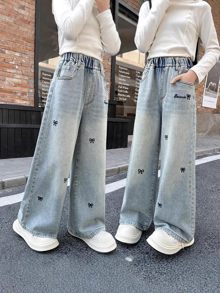 Girls' Spring 2025 Embroidered Butterfly Wide Leg Jeans - Korean Style Straight Leg Denim for Older Children
