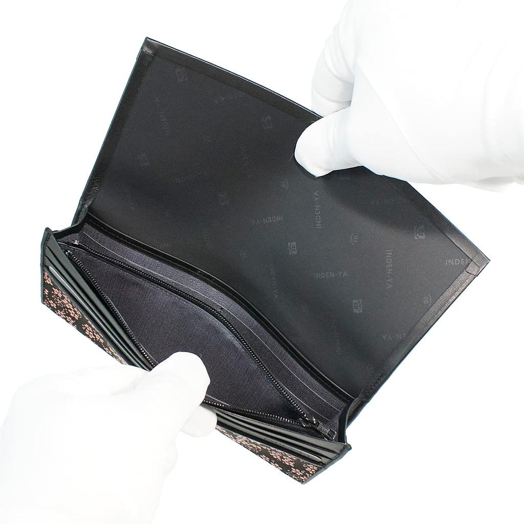 Inden Long Black with Pink [Inden-ya] Wallet, Thin, Deerskin, Lacquer, Forget-Me-Not Pattern, 2311-51-181