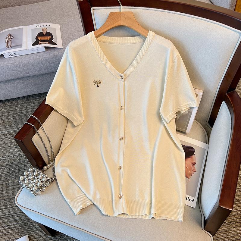 Plus Size Women's Ice Silk Knit Summer Top - Slimming Short Sleeve T-shirt