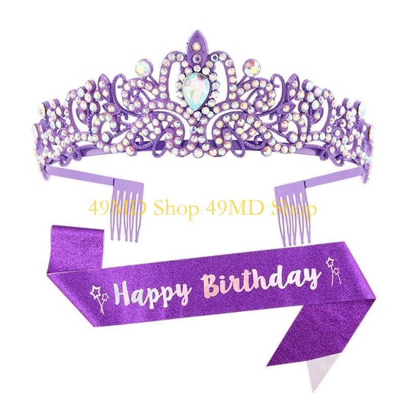 49MD 2pcs Birthday Party Crystal Tiaras and Sash Set for Women Fashion Hair Accessory