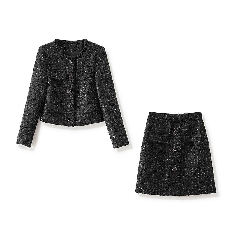 Coco Style Sequin Wool Top & Midi Skirt Set for Women