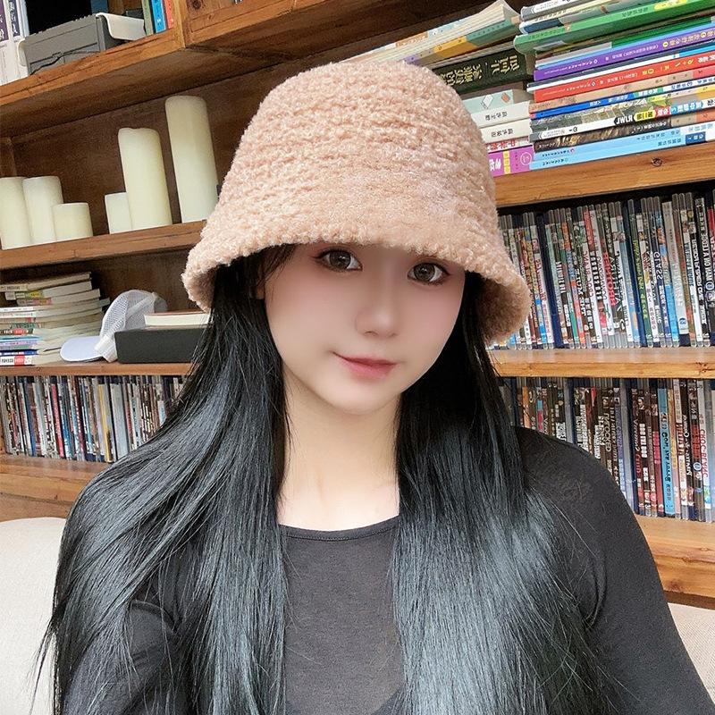 Korean Style Lamb Wool Knitted Fisherman Hat for Women Autumn and Winter Retro Bucket Hat Versatile Face Friendly Small Warm Plush Basin Hat