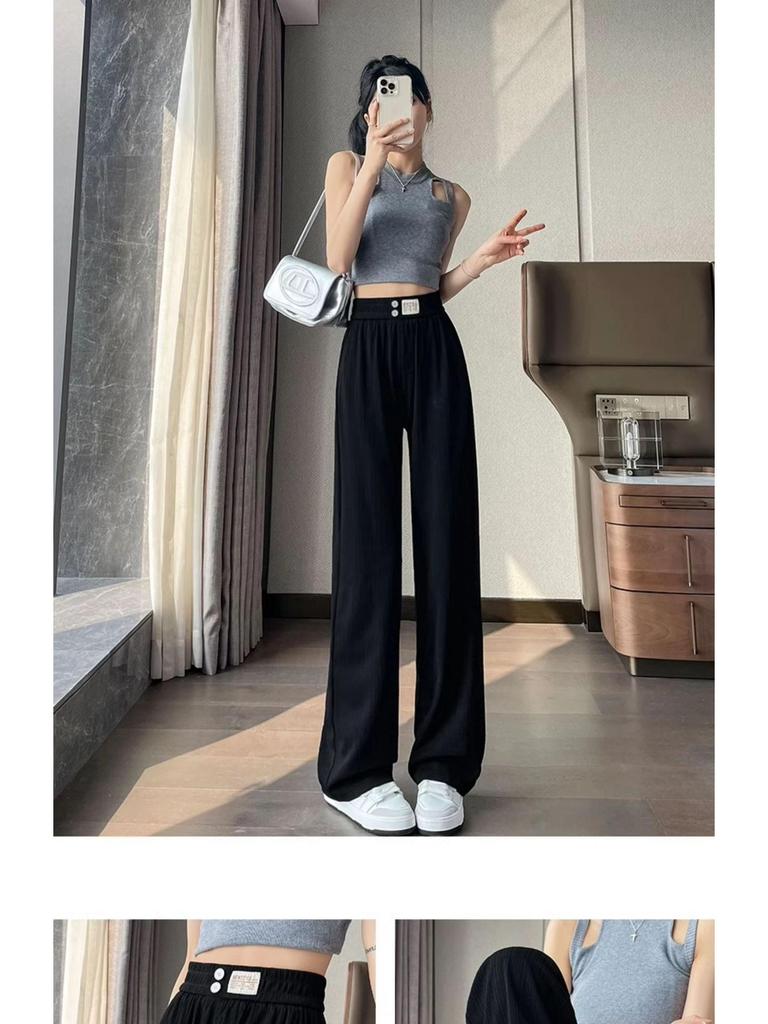 150cm Women's Summer High Waist Ice Silk Wide-Leg Pants - Slim Fit, Straight Leg, Petite 145