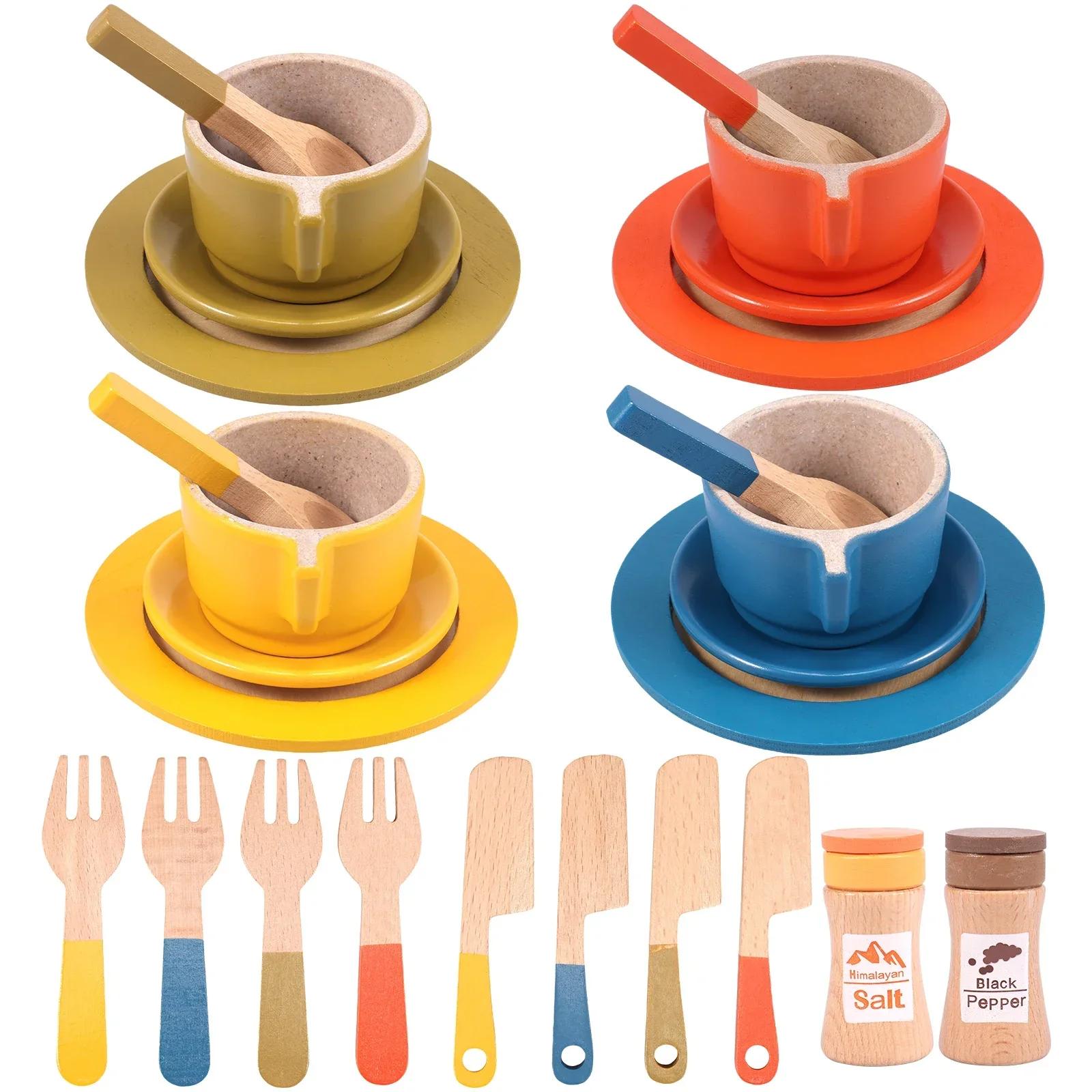 Pretend Play Wooden Kitchen Toys Set Toddler Educational Pretend Dish Toy Simulation Kitchen Toys Accessories for Kids Toddlers