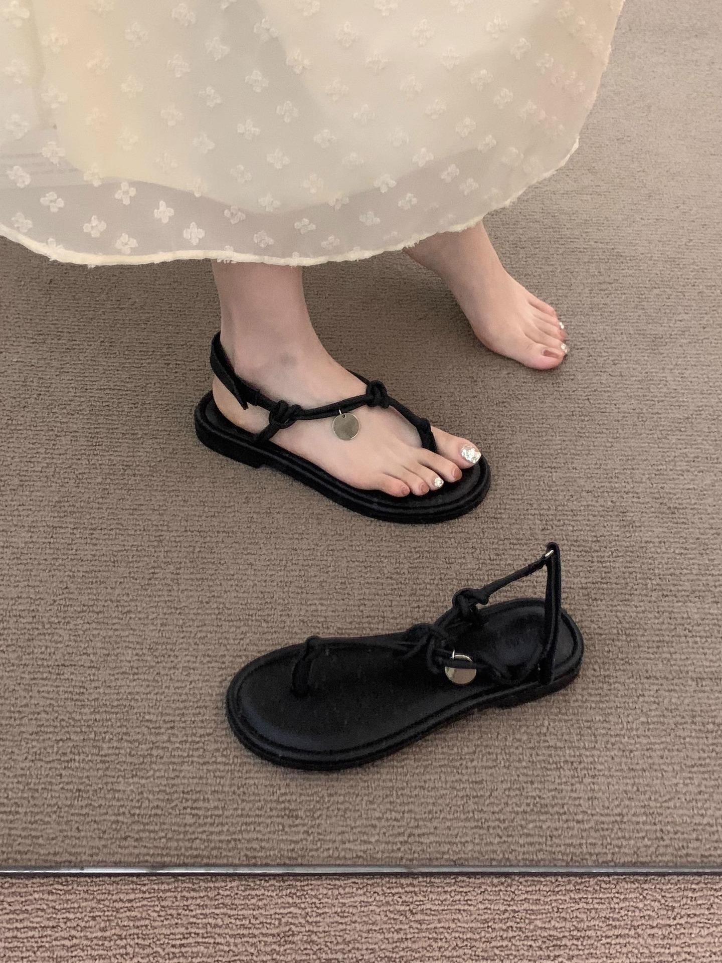 

Retro coffee French thin strap evening sandals fairy shoes outer wear 2025 summer new vacation flat Roman shoes 40 чёрный