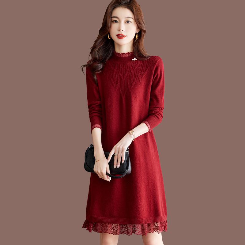

Half Turtleneck Knitted Sweater Mid-length Women s Sweater Dress Solid-color Lace Casual Pullover for Autumn and Winter S красный