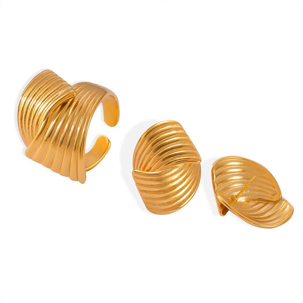 18K Gold Plated Titanium Steel Textured Earrings and Ring Set for Women