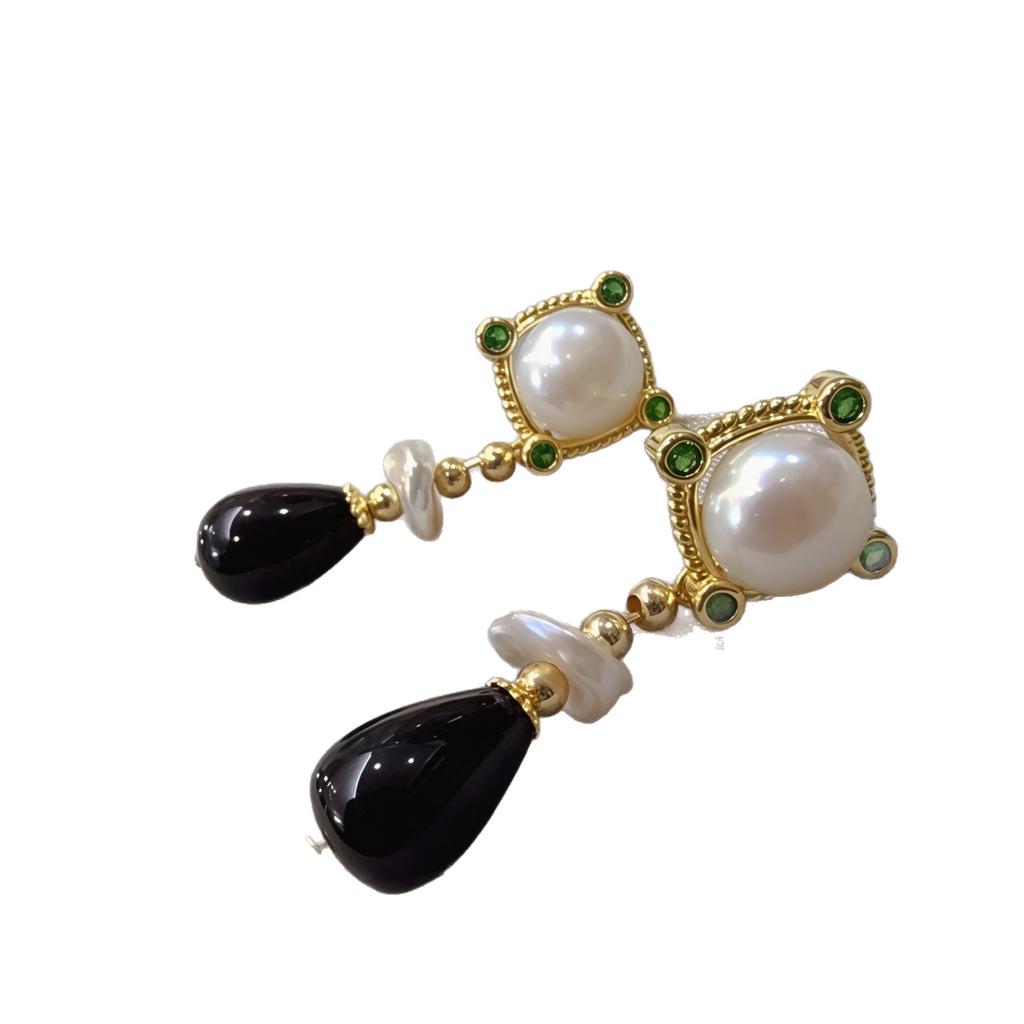 Lanyun Designer Original French Heroine Retro Geometric Natural Freshwater Pearl Earrings Agate Water Drop Earrings