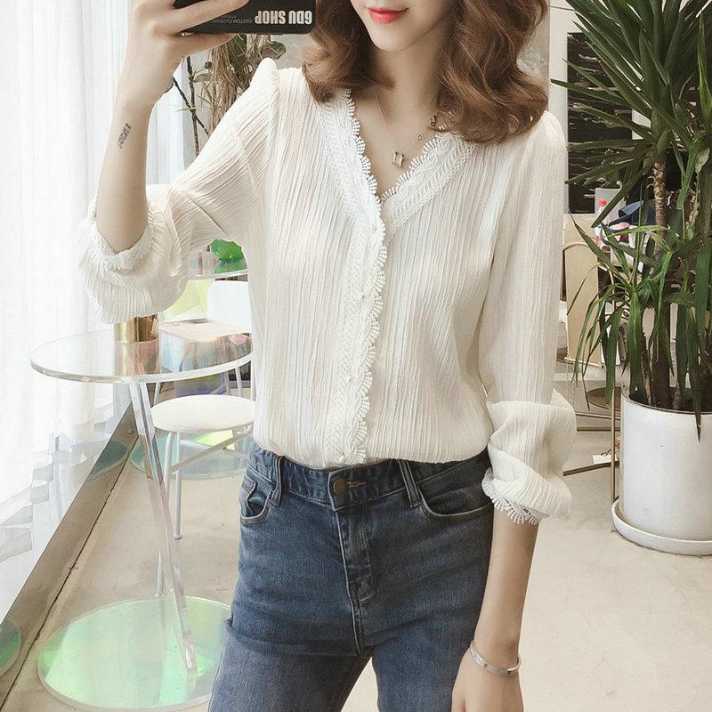 Early autumn new Han Fan V-neck lace white long-sleeved shirt top women's chic loose pullover shirt