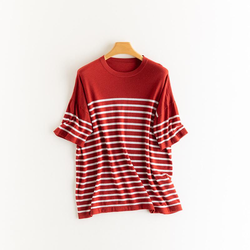 Spring/Summer Black & White Striped Knit Wool Casual Loose Short Sleeve Women's Top