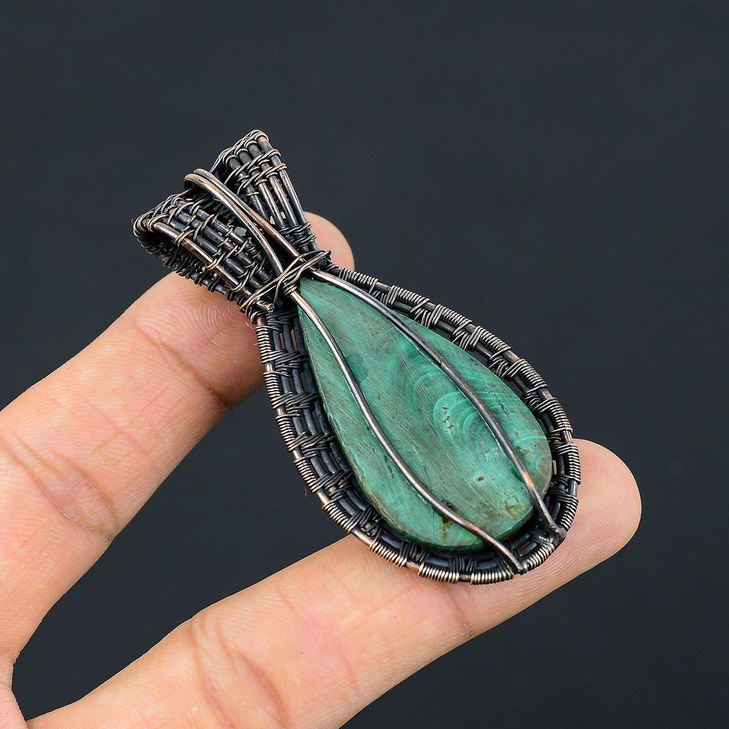 Malachite & Moonstone Gemstone Pendant Handmade Jewelry, 999 Copper Wire Wrapped Pendant Jewelry