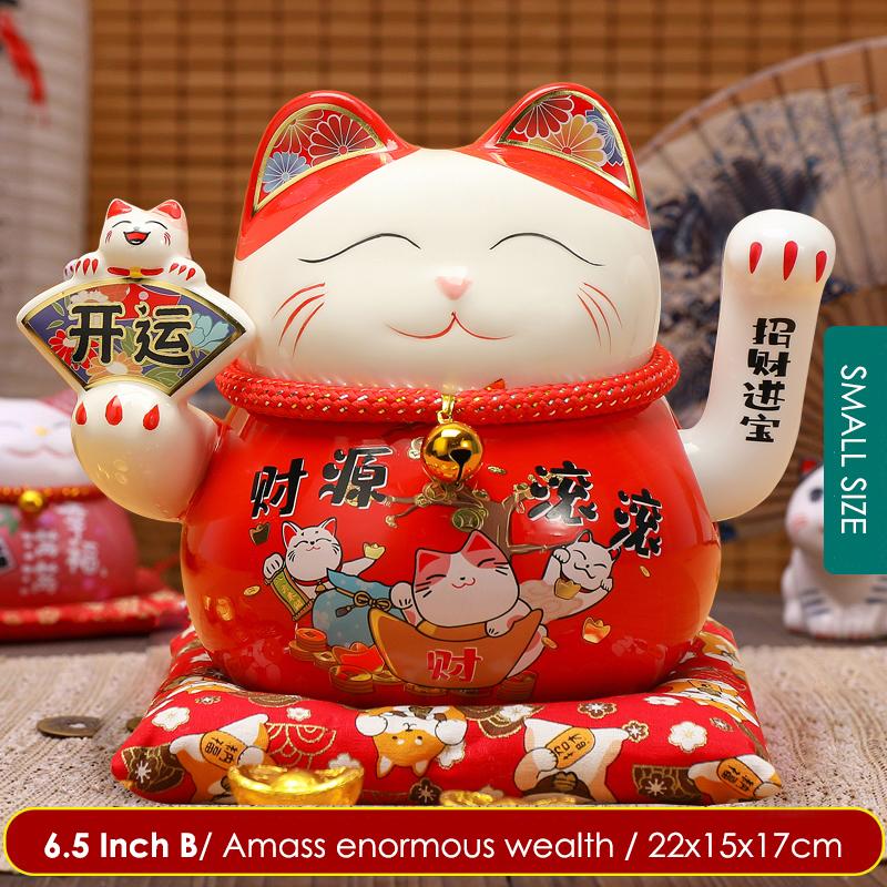 6.5/8.5 Inch Ceramic Beckoning Cat Maneki Neko Ornament Swing Lucky Fortune Cat Feng Shui Decoration Centerpiece Business Gift