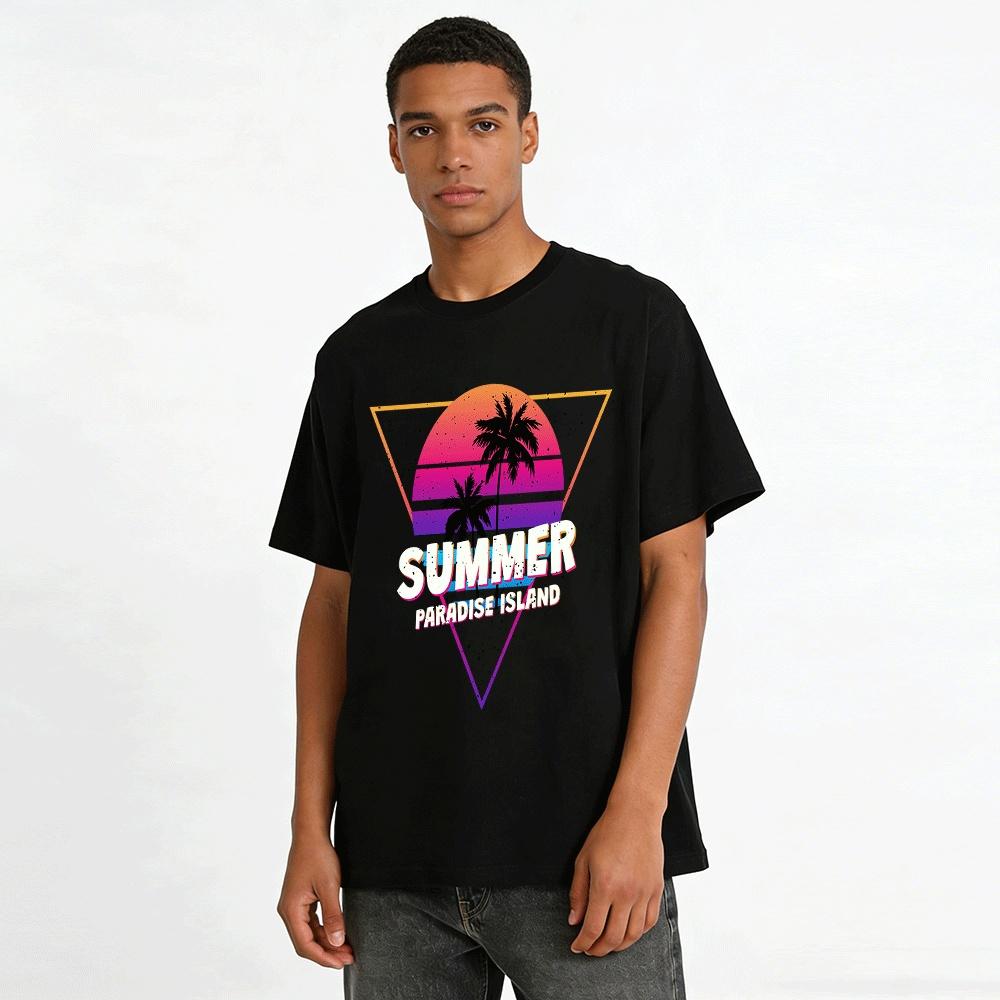 Retro Sonnenuntergang Kokospalme Sommer Paradiesinsel Urlaub T-Shirt Reines Baumwoll-T-Shirt