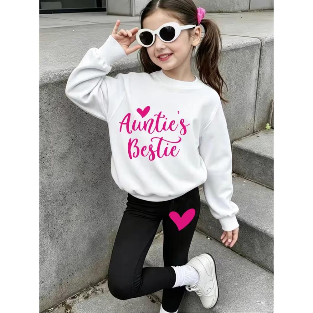 Girls' Letter Print Casual Comfortable Soft Loose Pullover Sweatshirt and Leggings 2-Piece Set, New Autumn/Winter, Playful, Sweet and Cool Style
