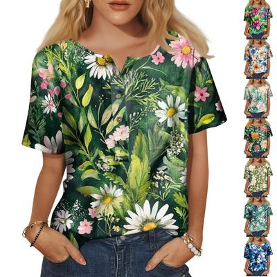 Women's Fashion Casual Short Sleeve Print Round Neck Pullover Top Blouse