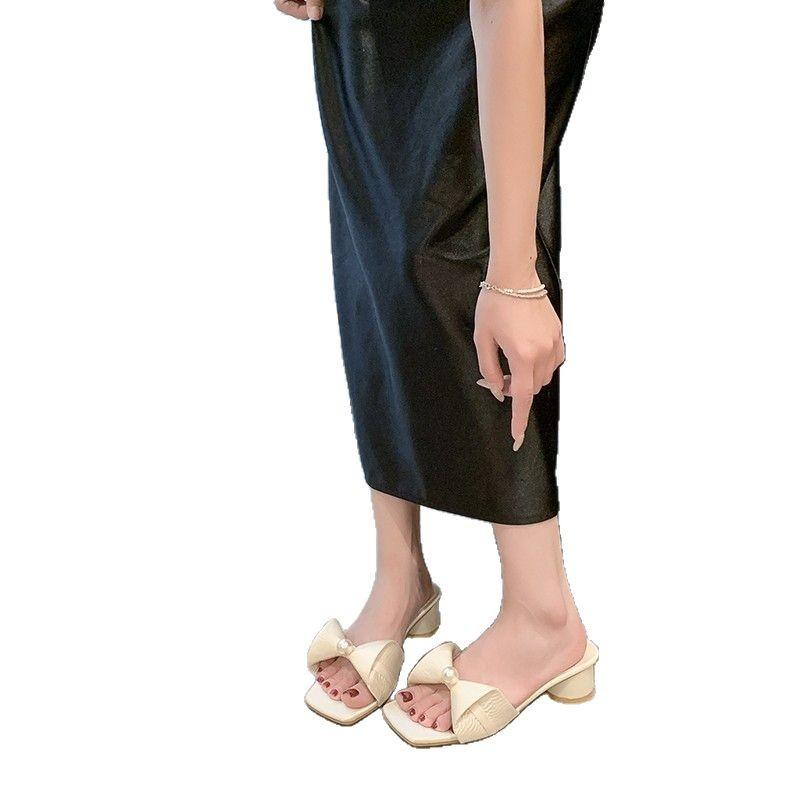 2025 Summer New Open-toed Pearl Bow High-heeled Slippers Sweet Beach Shoes Casual