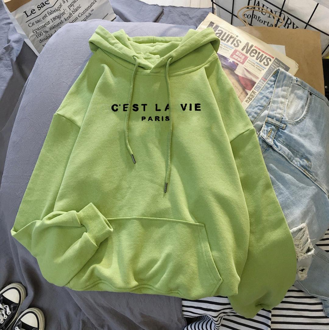 

Новый свитер с капюшоном с буквенным принтом, женский весенний свободный топ с капюшоном в ленивом стиле с длинными рукавами S зелёный