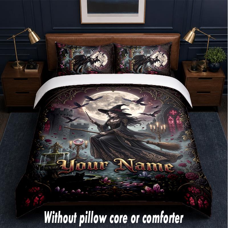 Witchcraft Theme Custom Text Or Name 3Pcs Bedding Set,1 Flat Sheet & 2 Pillowcases Personalized Home Bedding